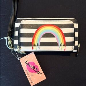 NWT - Betsey Johnson Black and White Stripe Wristlet with Rainbow